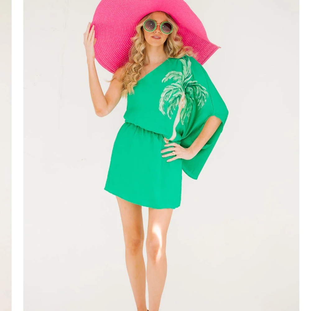 Green One-Shoulder Palm Print Swim Cover-Up Dress